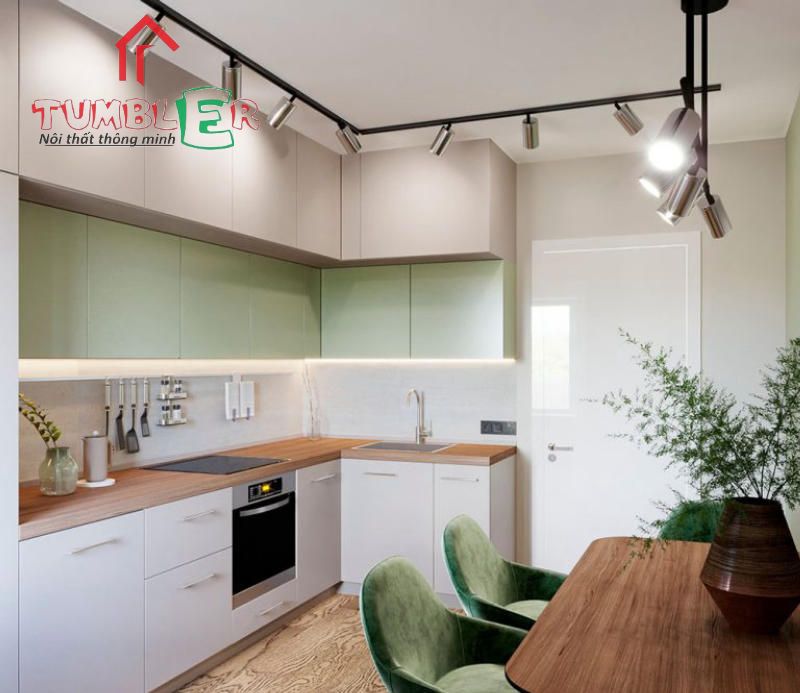 Tủ bếp 2 tầng màu xanh phủ Laminate phù hợp với không gian trẻ trung