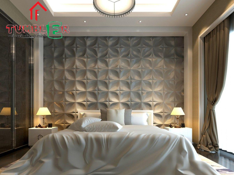 Phòng ngủ ấn tượng với bức tường ốp gỗ 3D