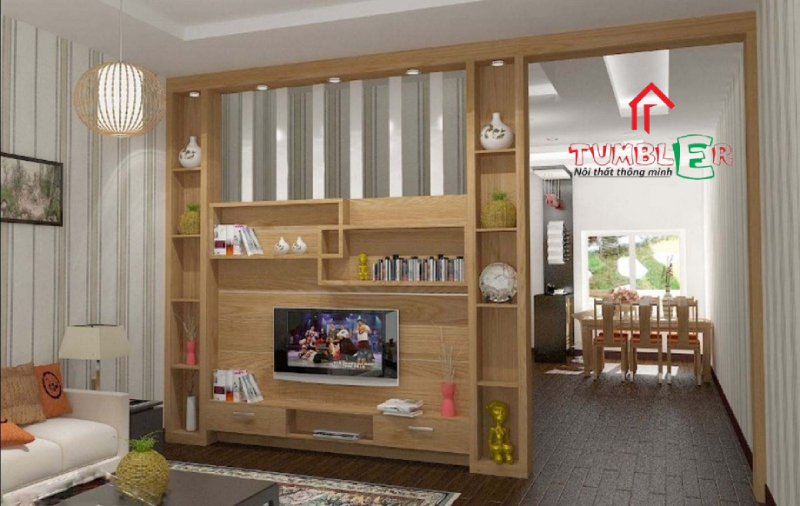 Mẫu kệ tivi kết hợp vách ngăn phòng khách và bếp bằng gỗ công nghiệp