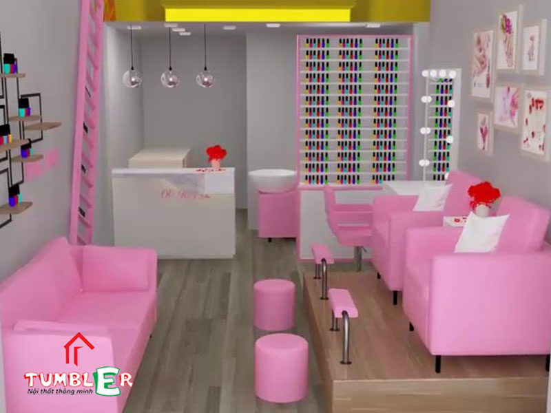 Mẫu trang trí tiệm nail màu hồng nhỏ như phòng khách