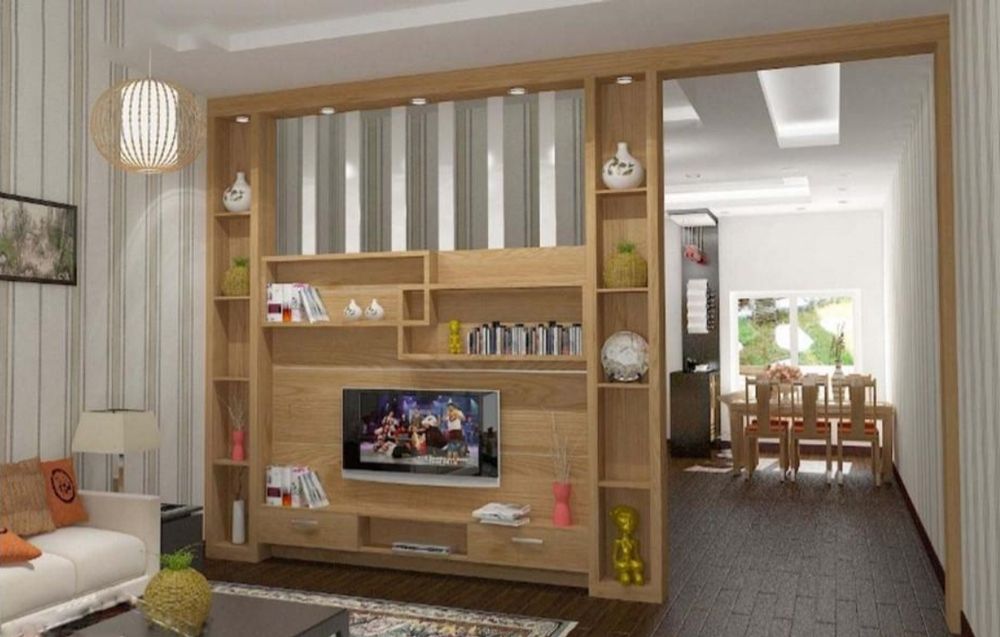 Tủ tivi phòng khách kết hợp vách ngăn bằng gỗ tiện lợi, thu hút