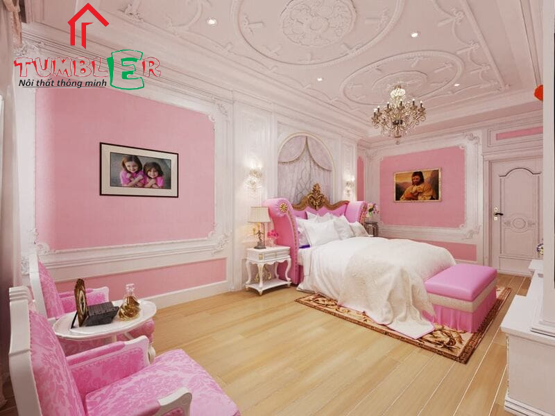 Giường ngủ tân cổ điển cho bé gái màu hồng đáng yêu