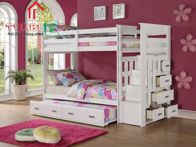 Mẫu giường tầng dành cho bé gái tích hợp ngăn kéo đựng đồ