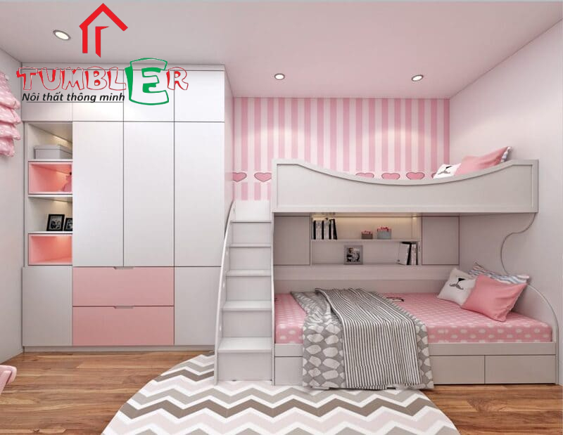 Mẫu giường tầng dành cho bé gái với thiết kế màu hồng siêu dễ thương