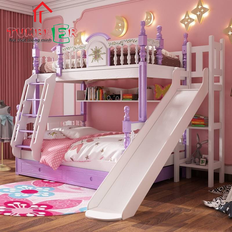 Mẫu giường tầng dành cho bé gái kết hợp kệ sách phối tông màu trắng tím