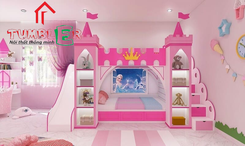 Mẫu giường tầng dành cho bé gái trang trí hình công chúa