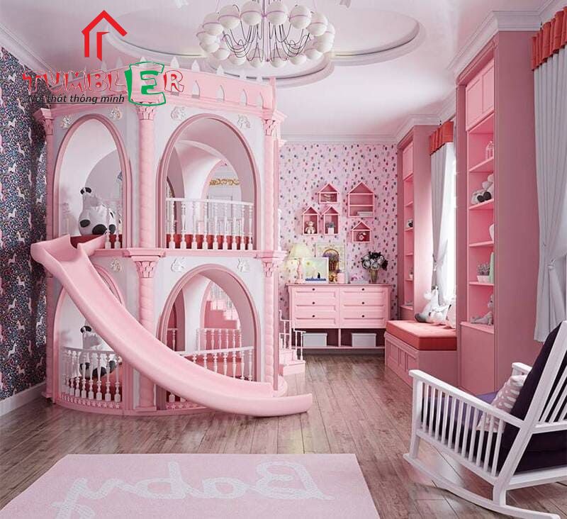 Giường tầng cho bé gái kết hợp giữa hai màu trắng – hồng