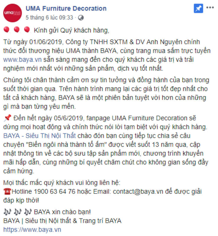 Fanpage UMA thông báo đổi tên thành BAYA.
