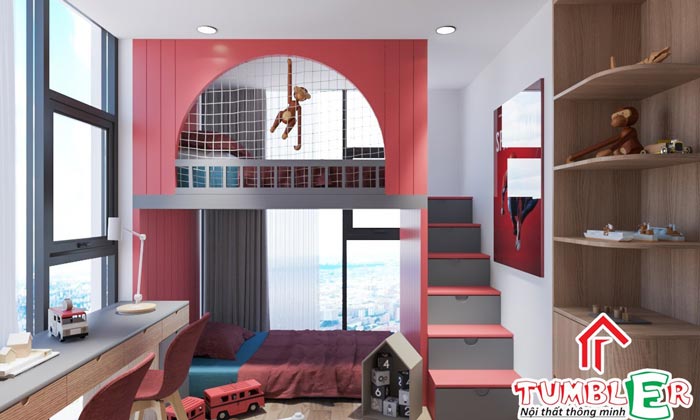 Phòng ngủ giường tầng màu hồng cho bé gái